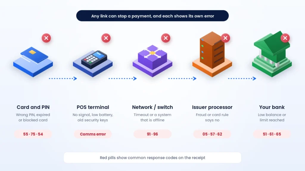 Where a failed POS transaction can happen: the card, the terminal, the network, the issuer processor and your bank